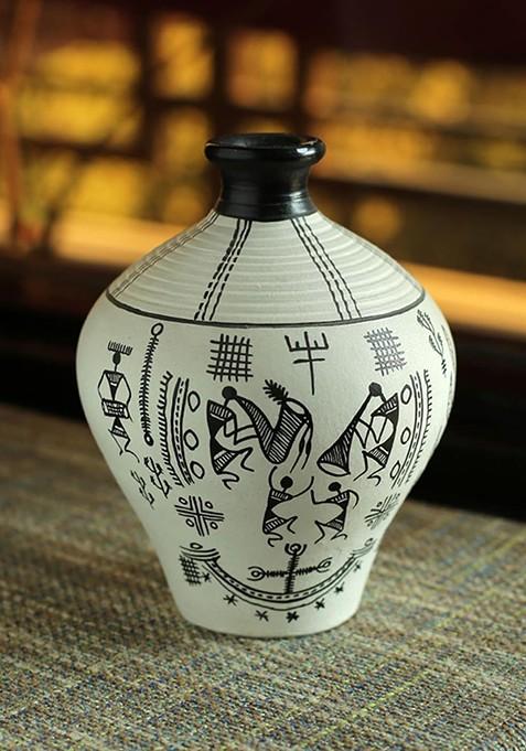 White And Black Warli Art Terracotta Matki Shape Vase