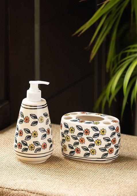 Set Of 2 Cozy Crossandras Painted Ceramic Bathroom Accessories Set
