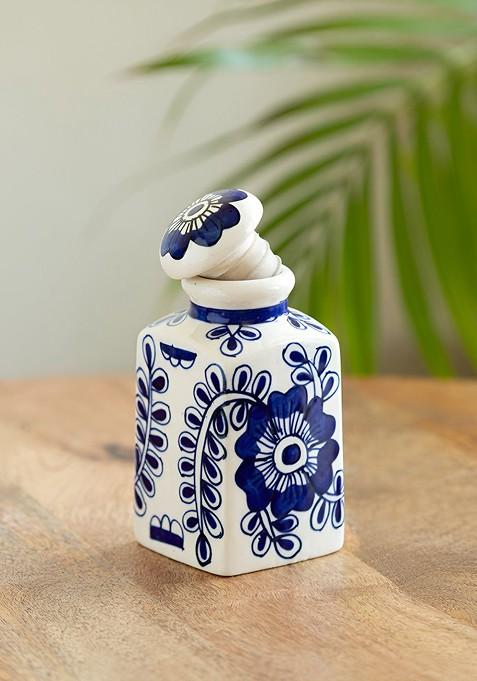 Mughal Gardens White And Blue Ceramic Ceramic Jar 220 Ml