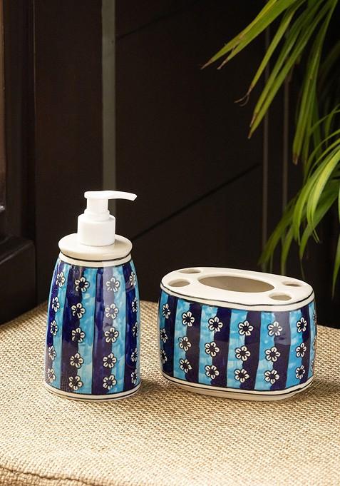 Blue Navy Blue Printed Ceramic Bathroom Accessories Set