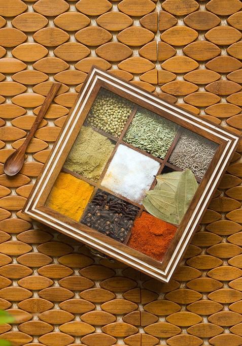 Brown Solid Hand Engraved Sheesham Wooden Square Spice Box With Spoon