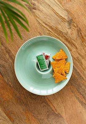 Sea Green Textured Ceramic Microwave Safe Chip N Dip Serving Platter