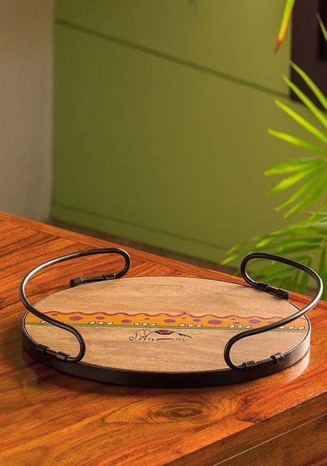 Brown Hand Painted Round Wooden Serving Tray