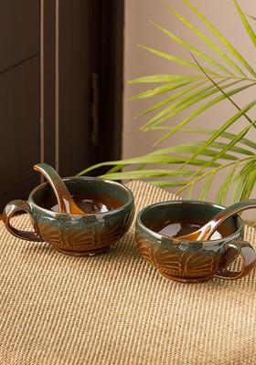 Brown And Teal Green Set Of 2 Printed Ceramic Soup Bowls With Spoons