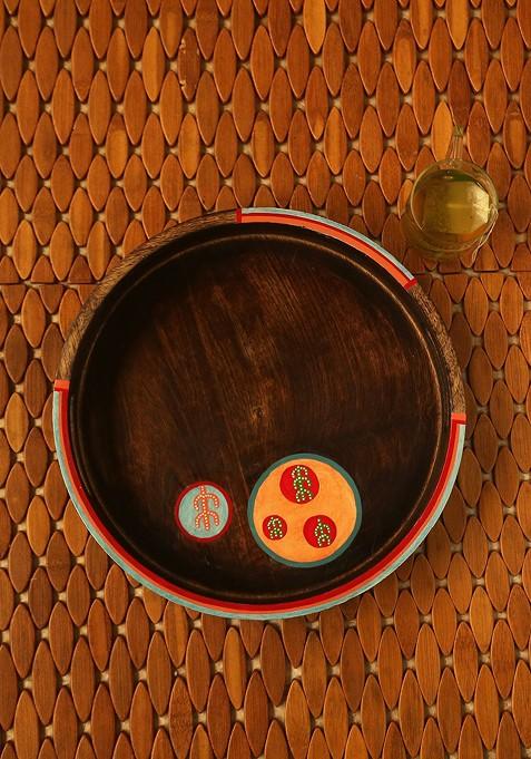 Dark Brown Hand Painted Round Wooden Serving Tray