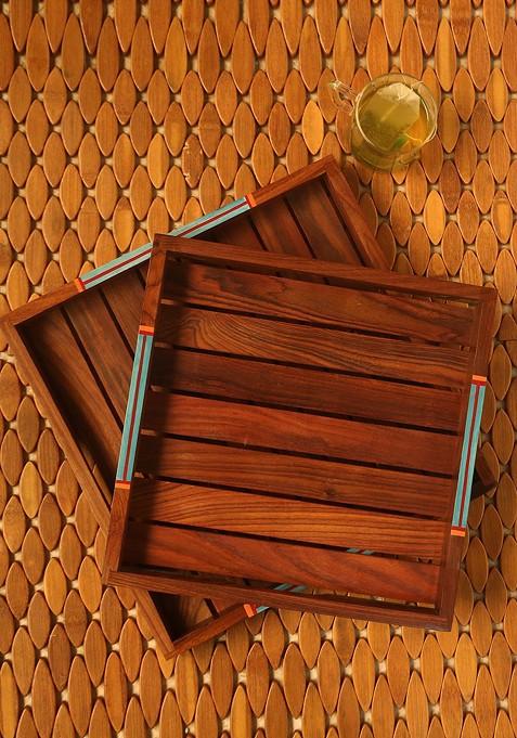 Set Of 2 Dark Brown Hand Painted Wooden Tray