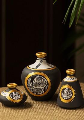 Set Of 3 Black Hand Painted Madhubani Jet Black Matkis Terracotta Vases