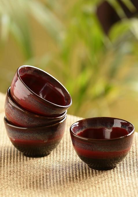 Red And Black Set Of 4 Hand Glazed Studio Pottery Ceramic Dining Bowls