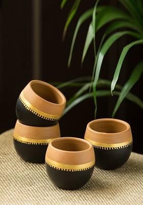 Black And Brown Set Of 4 Solid Madhubani Hand Painted Terracotta Kulladhs