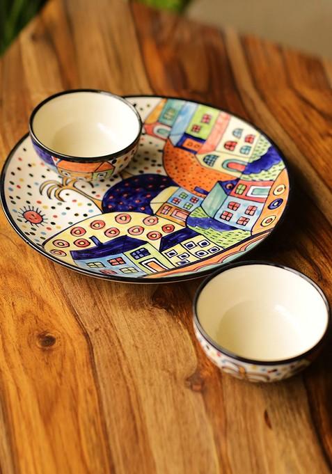 Multicolored 3 Pieces Ceramic Plates With Serving Bowls