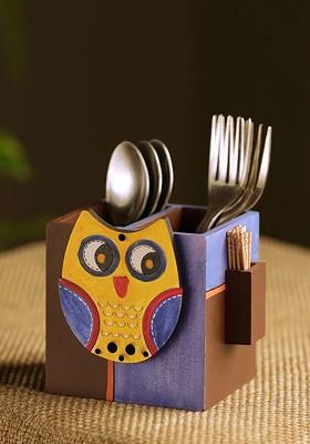 Brown And Blue Owl Shaped Handcrafted Wooden Cutlery Holder
