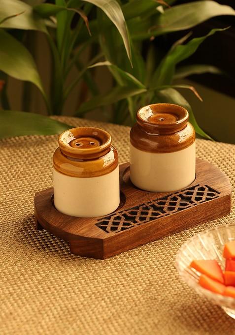 Set Of 2 Cream And Brown Wooden Salt And Pepper Shakers