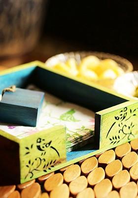 Green Wooden Hand Carving Floral Tissue Napkin Holder