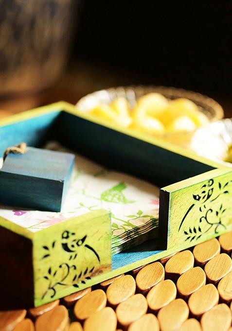 Green Wooden Hand Carving Floral Tissue Napkin Holder