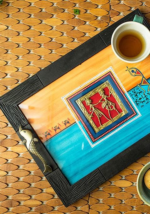 Orange And Blue Dhokra Warli Art Hand Painted Wooden Rectangular Tray