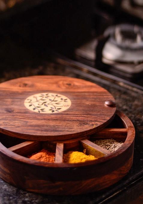 Brown Sheesham Wooden Spice Storage Box