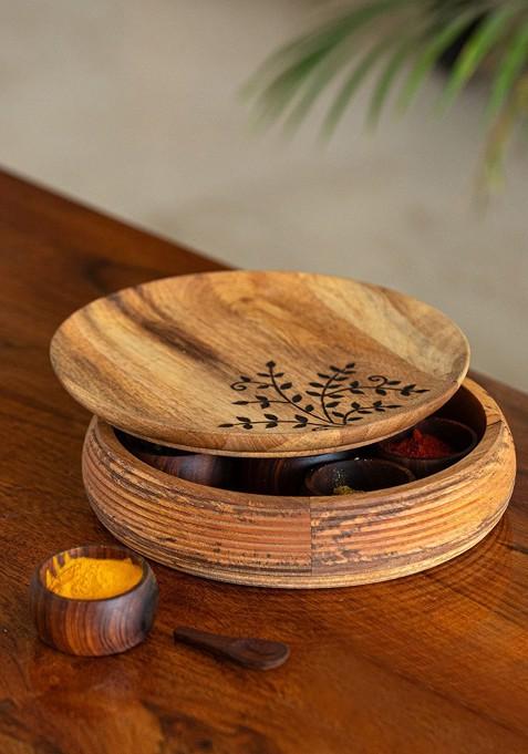 Brown Burnt Leaf Spice Box With Spoon And 7 Containers