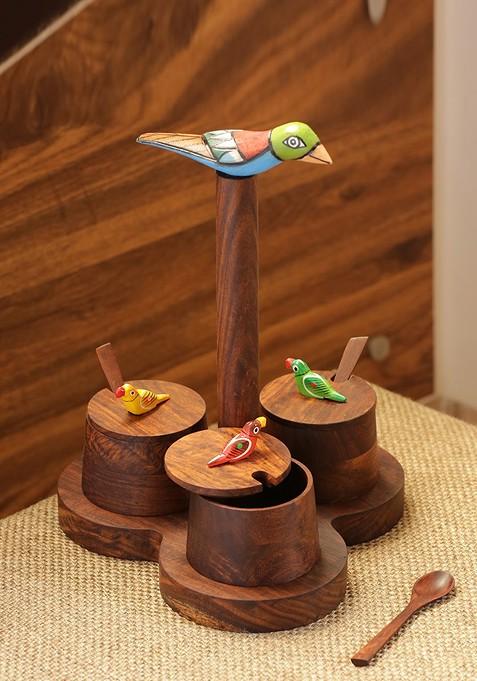 The Perched Family Sheesham Wooden Jar Set With Tray Spoons