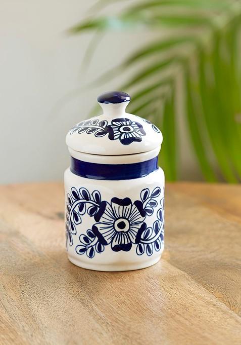 Mughal Gardens Navy Blue And White Ceramic Jar 420 Ml
