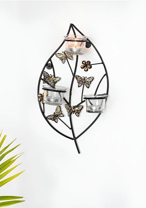 Butterflies And Leaf Handcrafted Iron And Glass Wall Sconce Candle Holder