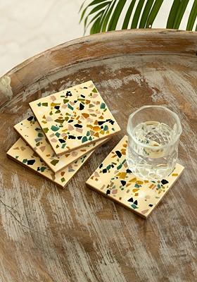 Set Of 4 Terrazzo Cream Colored Resin And Recycled Wooden Coasters