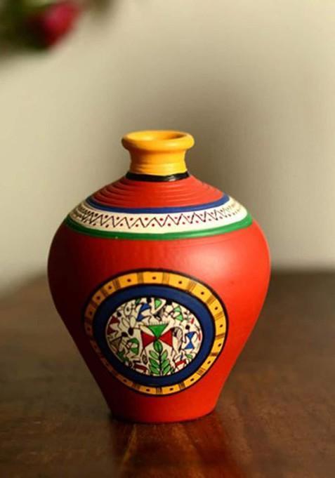 Red And Yellow Printed Warli Matki Shaped Vase