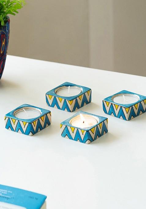 Mughal Zig Zag Jugnu 4 Pieces Blue Printed Tea Light Holder