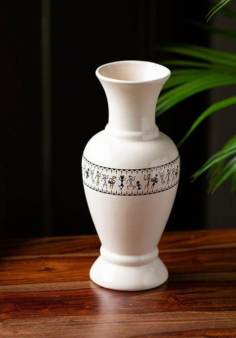 Whispers Of Warli White And Black Printed Ceramic Vase
