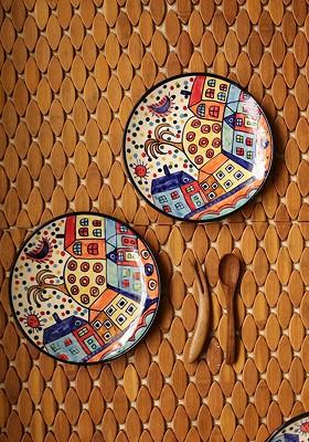 The Hut Couple Beige And Blue 2 Pcs Printed Ceramic Quarter Plates