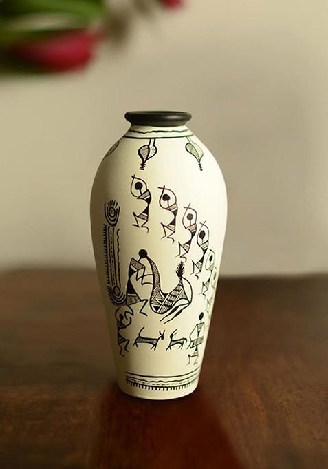 White And Black Printed Warli Round Shaped Terracotta Vase