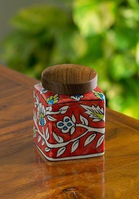 Red And Brown 2 Pcs Printed Ceramic Storage Jars Containers 240 Ml Each
