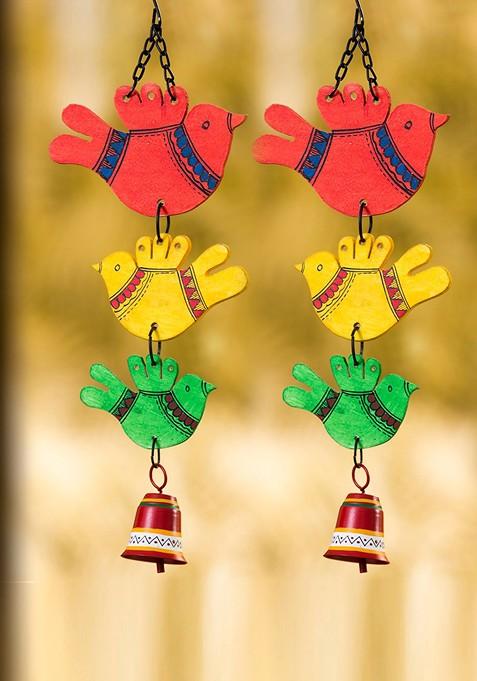 Set Of 2 Hand Painted Decorative Hanging Bell Wind Chime In Metal And Wood