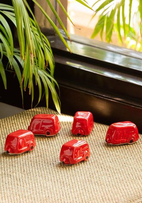Set Of 5 Red Mini Cars Hand Painted Miniature Decorative Ceramic Showpieces
