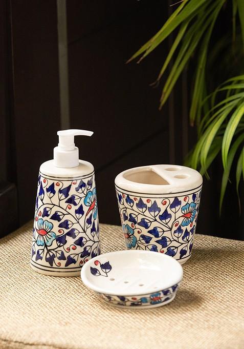 Set Of 3 White Blue Hand Painted Ceramic Bathroom Accessories Set