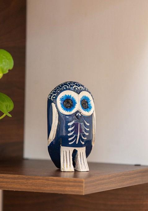 Navy Blue And White Owl Hand Painted Wooden Showpieces