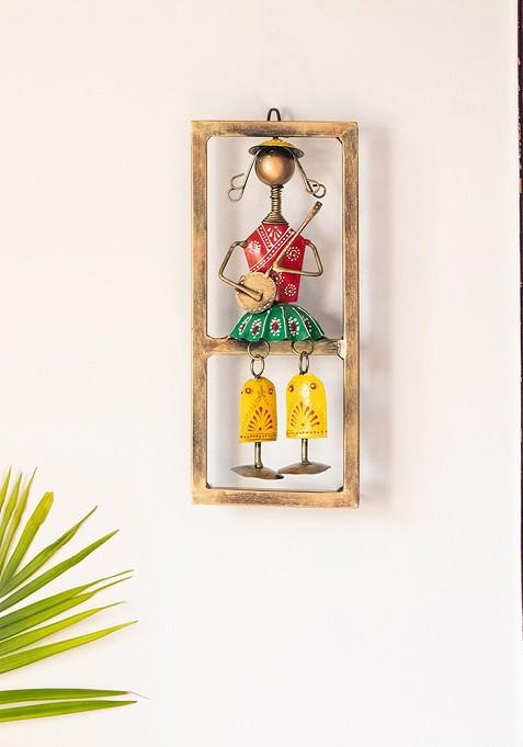Gold Toned And Red Rajasthani Sitar Artist Wall Decor Hanging