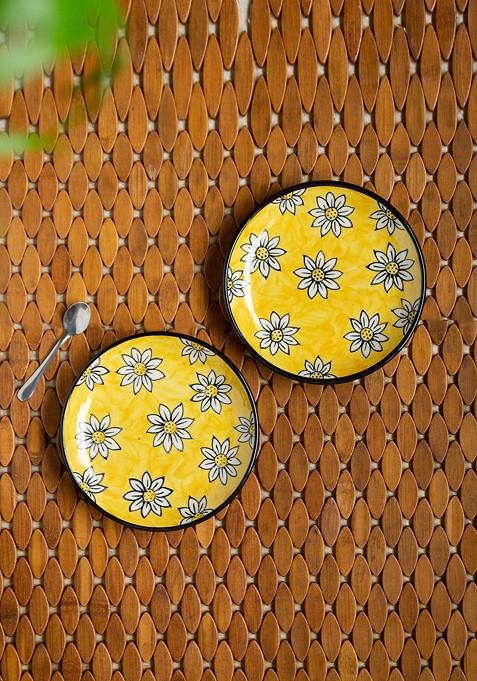 Yellow Set Of 2 Hand Engraved Ceramic Quarter Plates 7 Inches Each