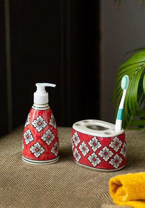 Set Of 2 Red Floral Printed Handcrafted Ceramic Bathroom Accessories Set