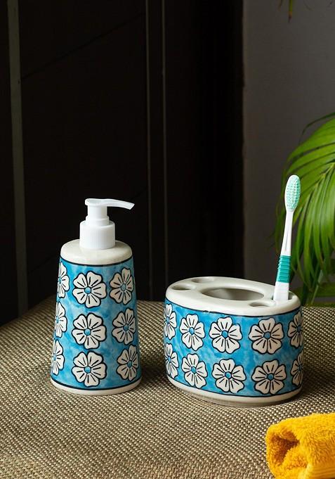 Set Of 2 Blue White Floral Printed Ceramic Bathroom Accessories Set