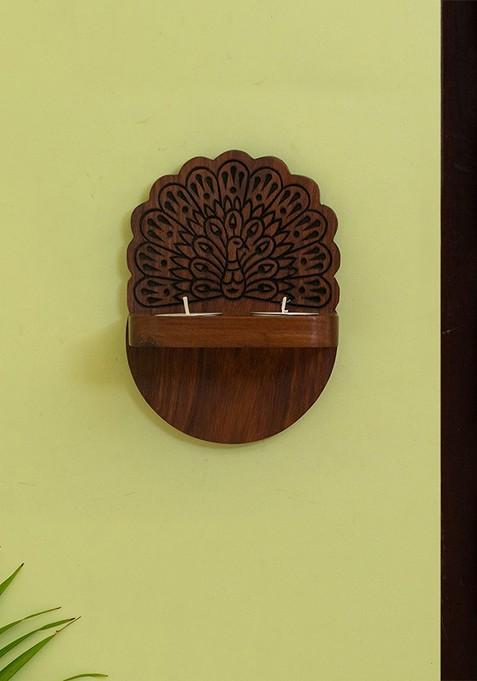 Brown Peacock Hand Carved Wooden Wall Tea Light Holder