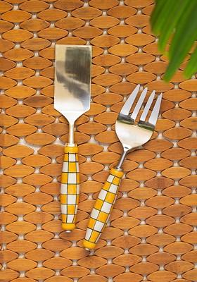 Set Of 2 Yellow And White Hand Painted Stainless Steel Serving Fork And Scraper