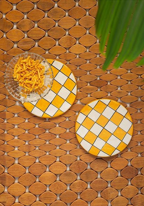 Set Of 2 Yellow And White Checked Handpainted Ceramic Trivets