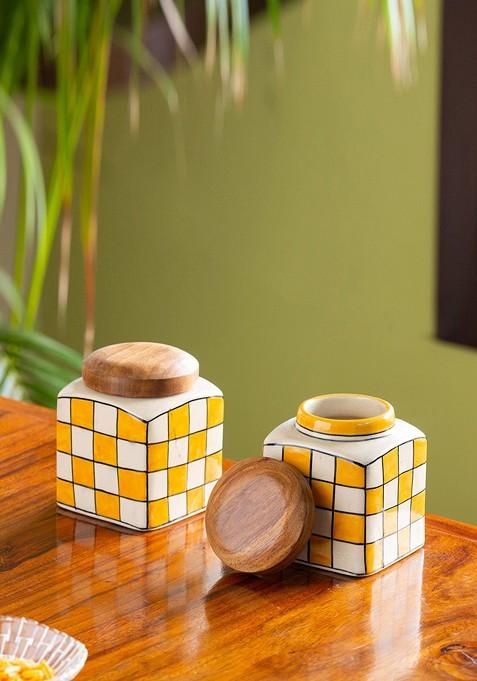 Set Of 2 Yellow And White Checked Ceramic Hand Painted Canister