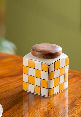 Yellow And White Hand Painted Ceramic Airtight Kitchen Storage Jar