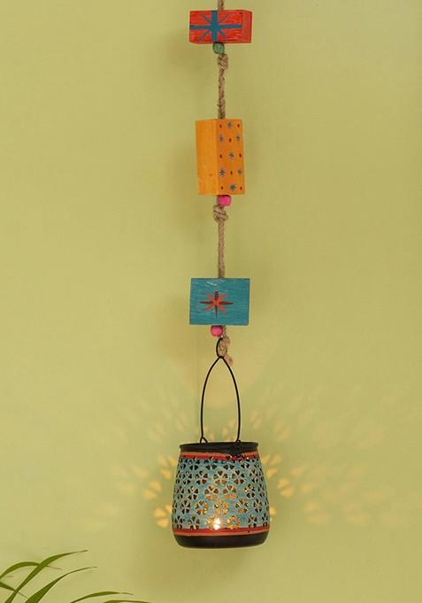 Turquoise Blue Hand Painted Hanging Wooden Tea Light Candle Holder