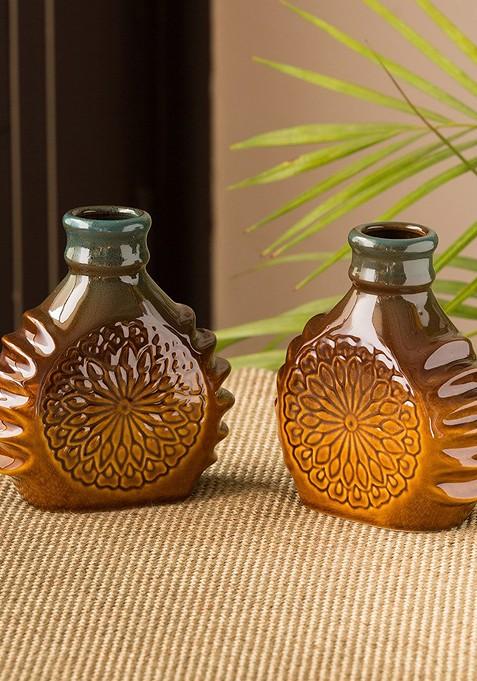 Set Of 2 Brown And Teal Green Ceramic Studio Pottery Vases