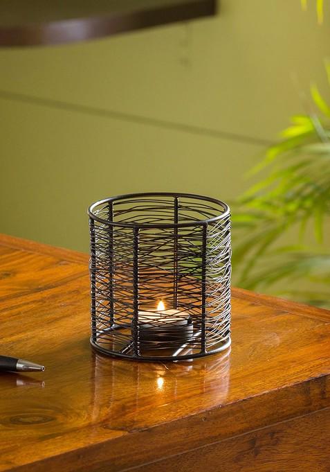 Black Glowing Mesh Cylinder Handwired Table Tea Light Holder