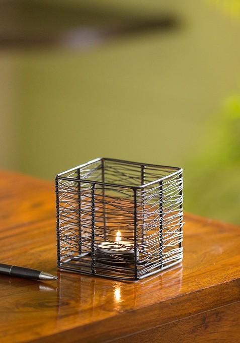Black Glowing Mesh Cube Handwired Table Tea Light Holder In Iron