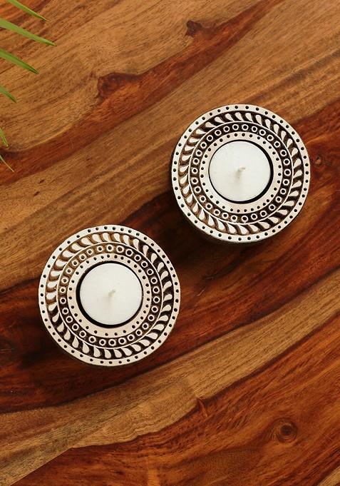 Sparkling Mandala Hand Carved Blocks Candle Holders (Set Of 2)