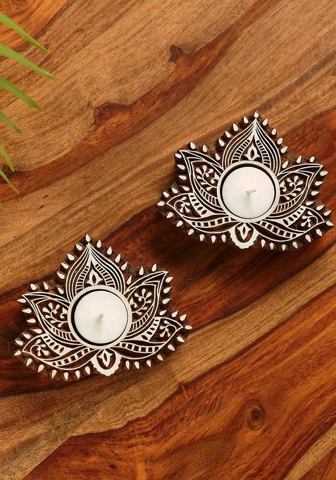 Set Of 2 Luminous Lotus Sheesham Hand Carved Blocks Tea Light Candle Holders